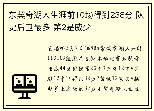 东契奇湖人生涯前10场得到238分 队史后卫最多 第2是威少