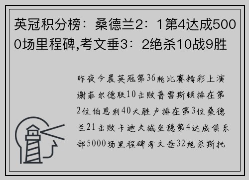 英冠积分榜：桑德兰2：1第4达成5000场里程碑,考文垂3：2绝杀10战9胜